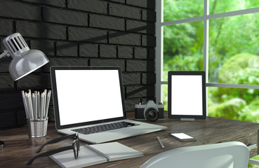 Fototapeta premium 3D illustration laptopand work stuff on table near brick wall