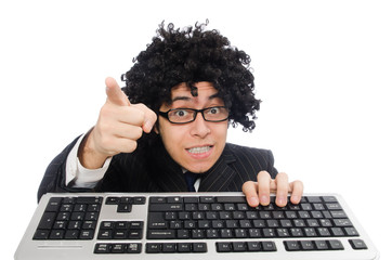 Young employee with keyboard isolated on white