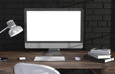 Fototapeta premium 3D illustration PC screen on table near brick wall Workspace