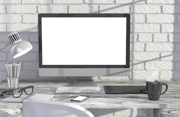Fototapeta premium 3D illustration PC screen on table near brick wall Workspace