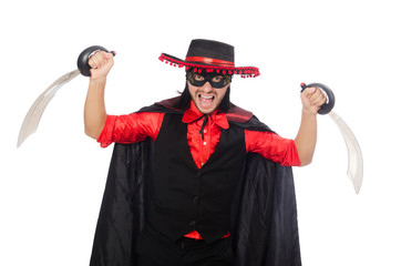 Young man in carnival coat with sword isolated on white