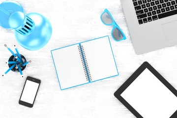 laptop and office stuff, workplace, top view