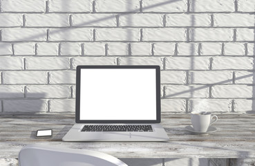 Fototapeta premium 3D illustration laptopand work stuff on table near brick wall