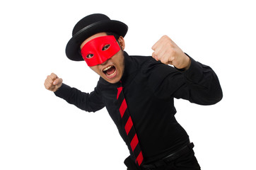 Young man with red mask isolated on white