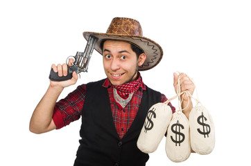 Young cowboy with gun and money bags isolated on white