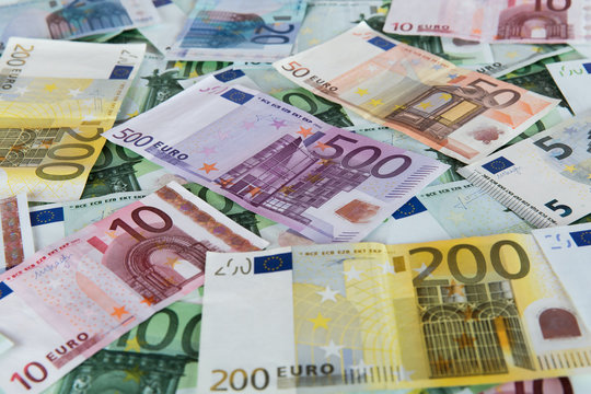 Close up detail of euro banknotes.