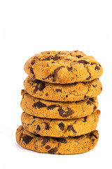 chocolate chip coockies, pille of five over white background