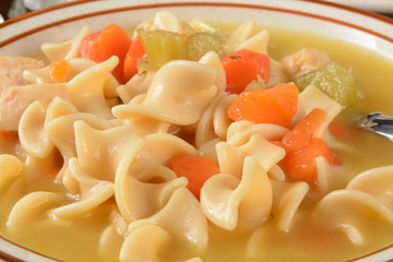 Closeup of chicken noodle soup