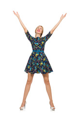 Fototapeta premium Woman in dark blue floral dress isolated on white