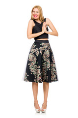Woman in floral dark skirt isolated on white