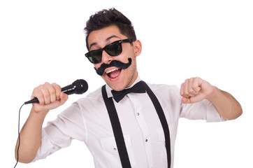 Funny man with mic isolated on white