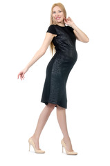 Pretty pregnant woman in black dress isolated on white