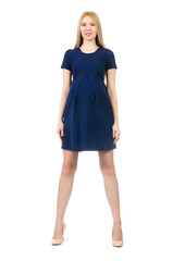 Beautiful pregnant woman in blue dress isolated on white