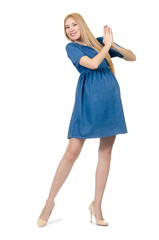 Beautiful pregnant woman in blue dress isolated on white