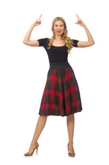 Beautiful young woman in plaid dress isolated on white