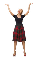 Fototapeta premium Beautiful young woman in plaid dress isolated on white