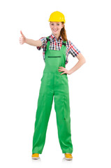 Female handyman in overalls isolated on white