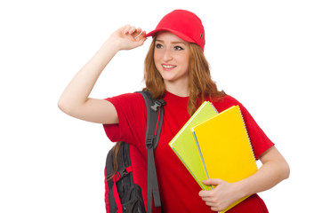 Pretty girl with backpack isolated on white