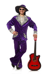 Naklejka premium Man in funny clothing holding guitar isolated on white