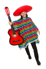 Mexican in vivid poncho holding guitar isolated on white