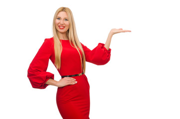 Beautiful woman in red long dress isolated on white
