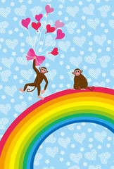 二匹の猿と虹の可愛いハートいっぱいのメッセージカード