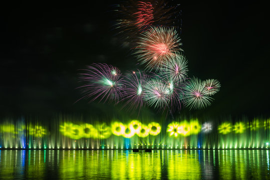 fireworks with reflection in the lake