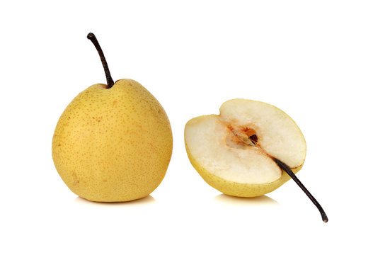 Chinese pear or Nashi pear with stem on white background