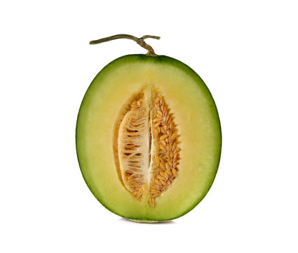 ripe green melon with stem on white background