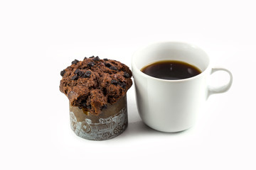 Closeup black coffee and muffin isolated on white background