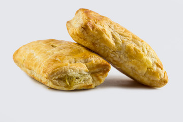 closeup chicken pie isolated on white background