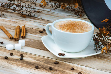 Coffee cup, sugar cubes, vinyl plate and cinnamon