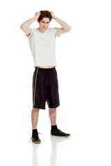 Fototapeta premium Stressed model pulling hairs