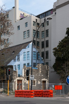 Fake facade of a building destroyed by an earthquake