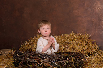 Little boy sitting in nest of twigs