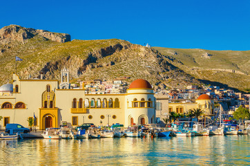 Pothia port and townhall on Kalymnos island Greece