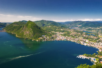 Obraz premium View to Lugano city, lake and Monte San Salvatore, Schweiz