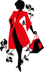 Elegant silhouette. Beautiful woman with flowers and bags. 