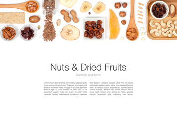 nuts and dried fruits on white background