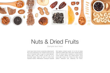 nuts and dried fruits on white background