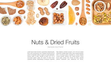 nuts and dried fruits on white background