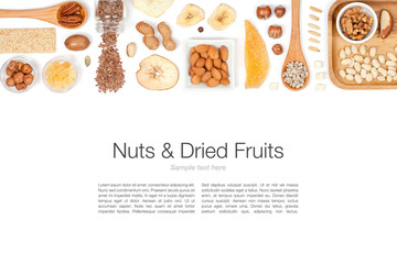 nuts and dried fruits on white background