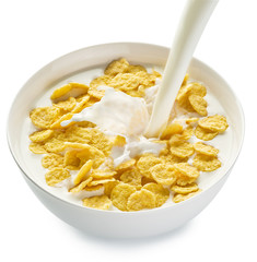 Cornflakes in the bowl on white background.