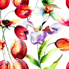 Seamless wallpaper with Tulip and Narcissus flowers