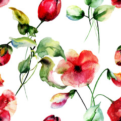 Fototapety  Bezszwowa tapeta z kwiatami maku i tulipanów