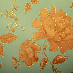 Vintage blue wallpaper with golden rose pattern - 83699280