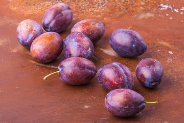 Plums scattered on the metal background