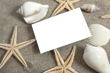 Fototapeta na wymiar carton blanc sur sable et coquillage