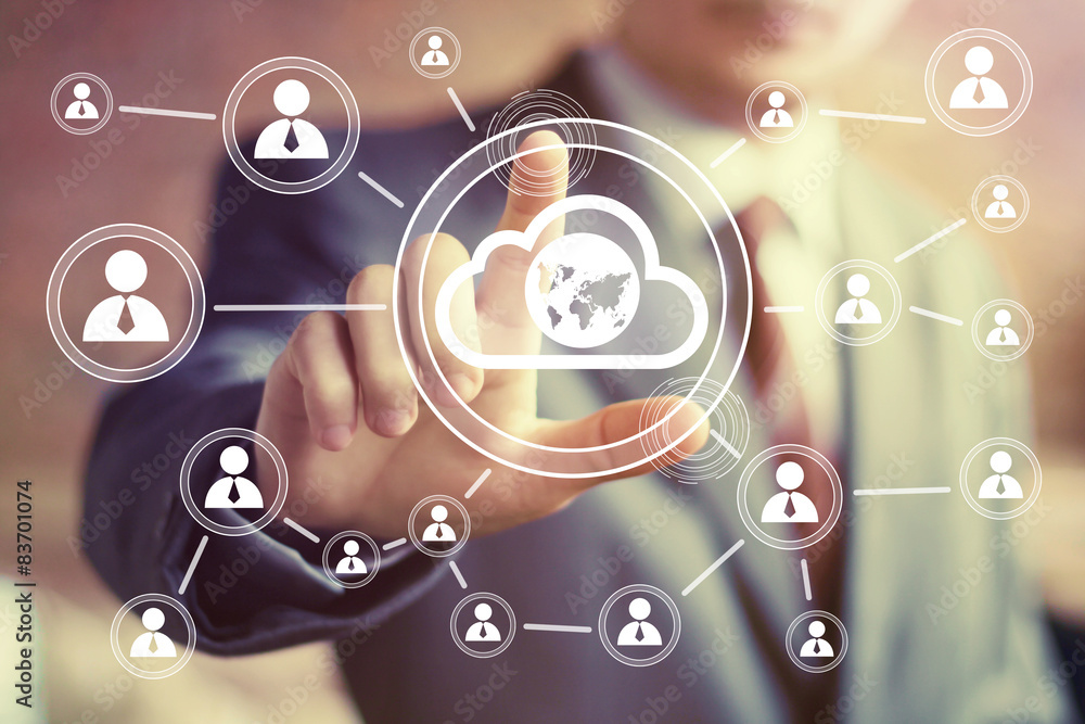 Poster businessman touch button interface cloud map communication