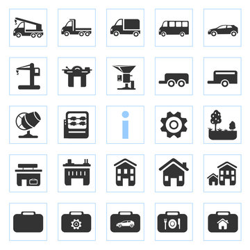 set of silhouette icons of real estate and transport